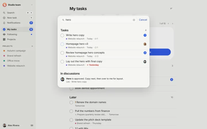 The web app with the command bar open over My tasks: the search “hero” finds four tasks and a line from a discussion.