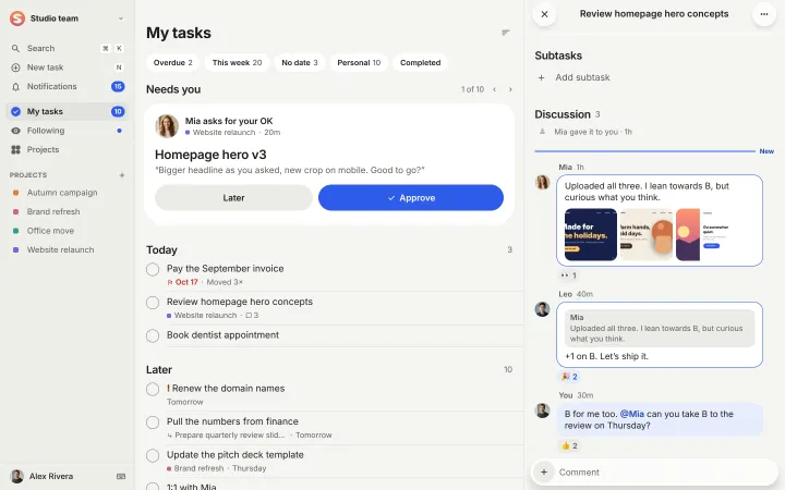 The web app with a task open beside My tasks: the discussion of “Review homepage hero concepts”, with Mia’s three photos, Leo’s reply and reactions, and a New line over what’s unread.